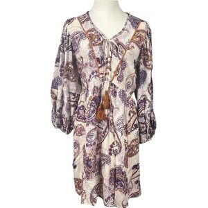 Band of the Free FP Lyonette Cream Purple Paisley Print Tassel Mini Dress Medium